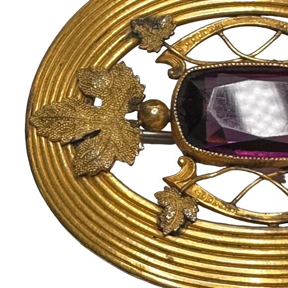 Art Nouveau Sash Pin Brooch Autumn Leaf design Amethyst Glass George L Paine Co - Picture 4 of 16